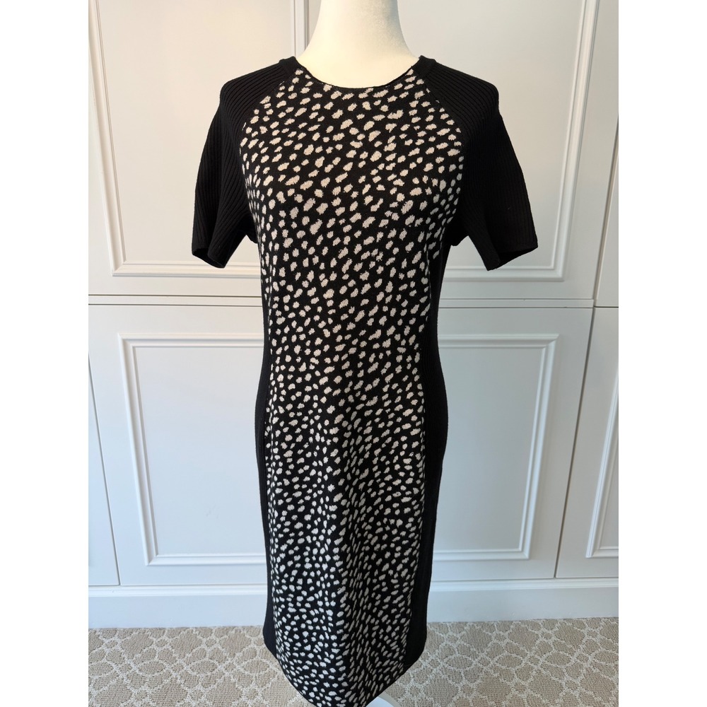 Tory Burch Sweater Dress Womens Large Black Cream NWT Merino Wool Animal Print